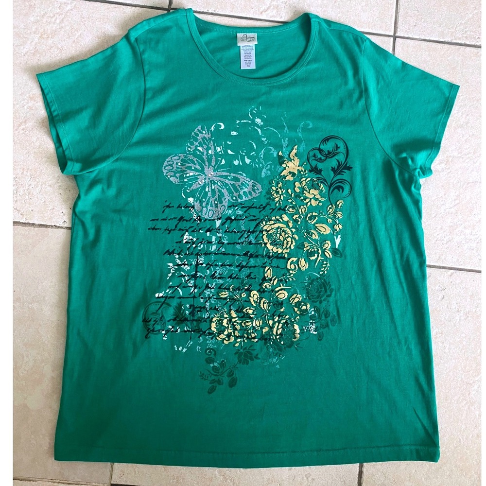 Butterfly Graphic Tee Women 1X Teal Green Excellent Short‎ Sleeve Cotton Shirt